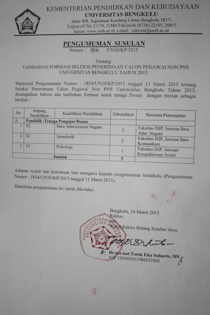 Pengumuman Susulan Penerimaan Non CPNS