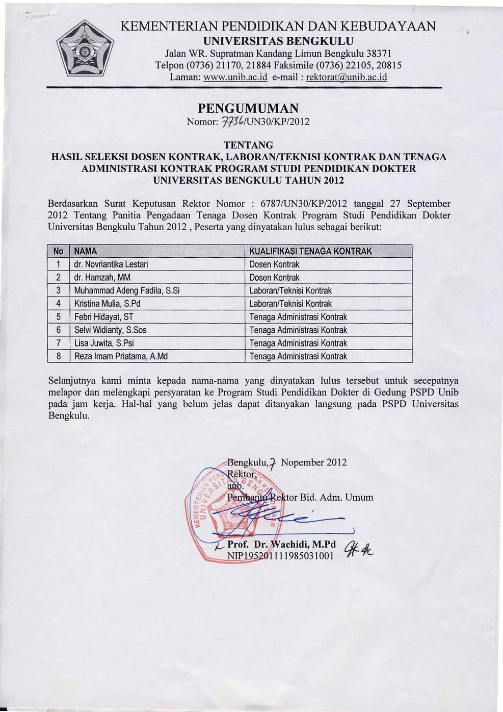 Pengumuman Hasil Seleksi Dosen Kontrak, Laboran/Teknisi dan Tenaga Administrasi Kontrak Program Studi Pendidikan Dokter Universitas Bengkulu Tahun 201