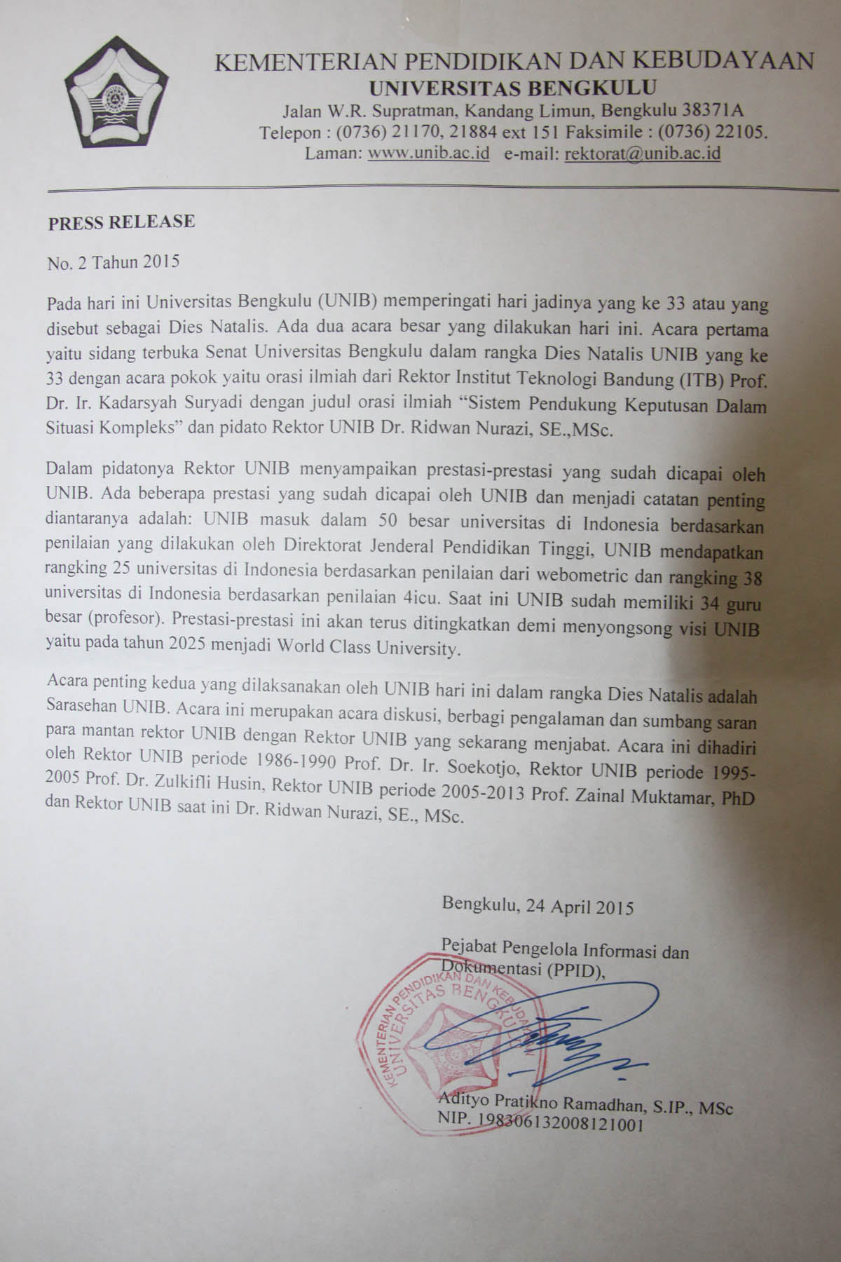 PRESS RELEASE PPID UNIB NO 2 TAHUN 2015 : ACARA DIES NATALIS KE-33 UNIB