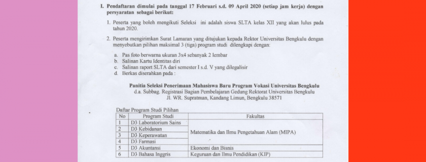 Seleksi Penerimaan Mahasiswa Baru Program Vokasi Jalur Prestasi Akademik Universitas Bengkulu Tahun Akademik 2020/2021 