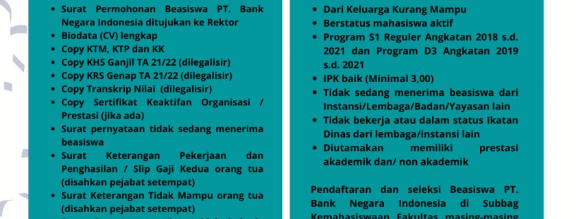 Pendaftaran dan Seleksi Beasiswa PT. Bank Negara Indonesia Kuota Tambahan Semester Genap T.A. 2021/2022