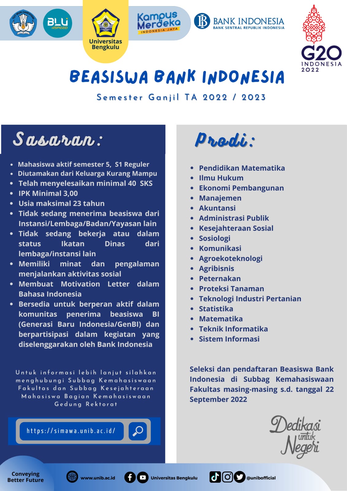 Beasiswa Bank Indonesia Semester Ganjil TA 2022/2023 UNIVERSITAS BENGKULU