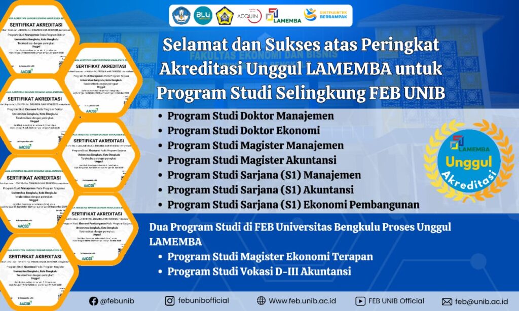 Tujuh Program Studi di FEB Unib Raih Akreditasi Unggul dari LAMEMBA