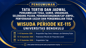 TATA TERTIB JADWAL PENGAMBILAN TOGA, SAMIR, UNDANGAN, SELENDANG PUJIAN, DAN PENANDATANGANAN/CAP JEMPOL SERAH TERIMA IJAZAH DAN PENGEMBALIAN TOGA PADA WISUDA PERIODE KE-115 UNIVERSITAS BENGKULU